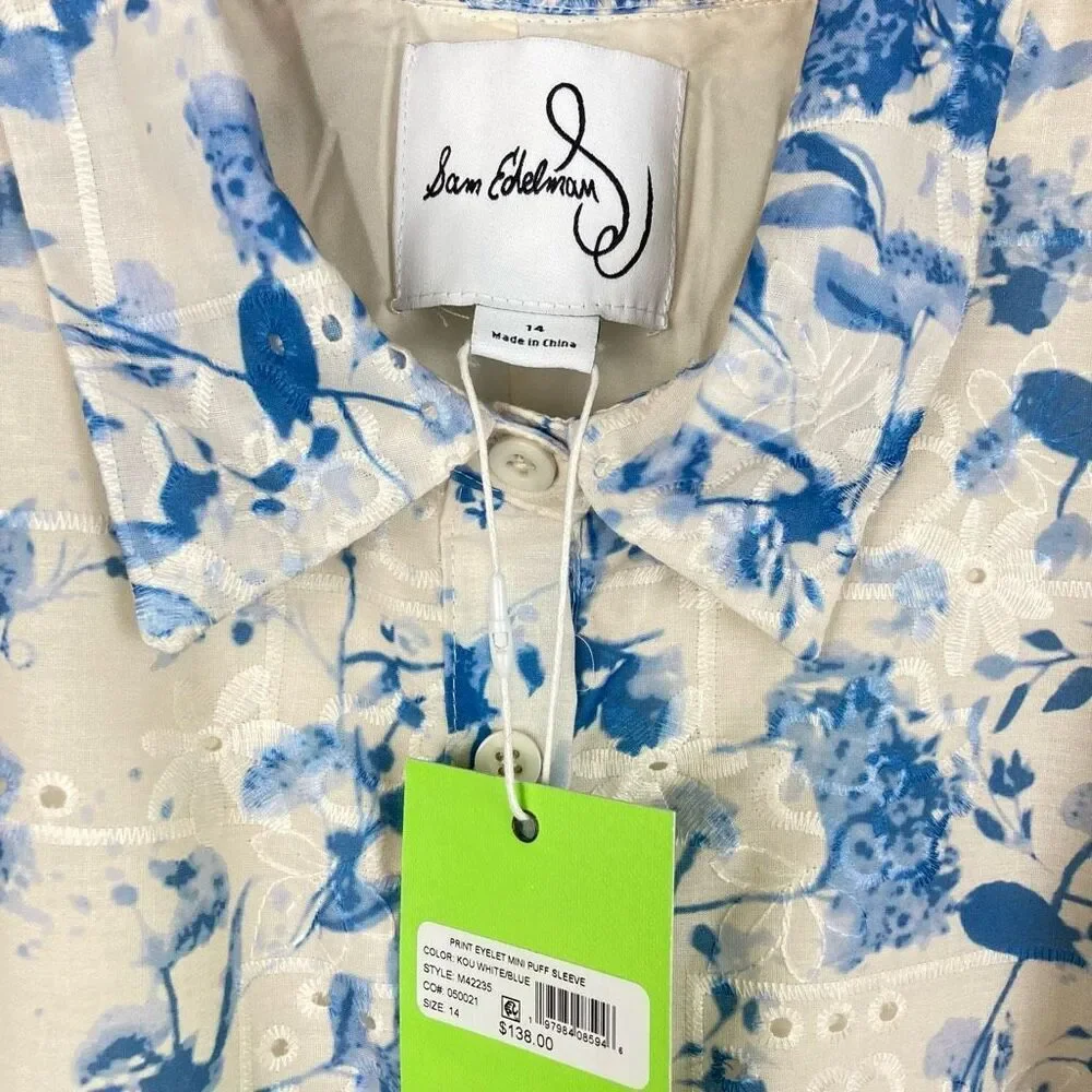 Sam Edelman Floral Embroidered Eyelet Puff Sleeve Mini Shirtdress White Blue, 14